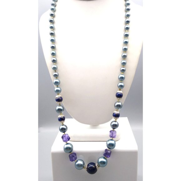 Vintage Slate Blue Long Beaded Necklace, Lovely Pastel Strand with Purple Lucite - Picture 1 of 5